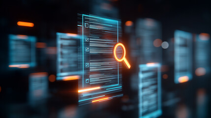 search icon with documents on a futuristic screen. magnifying glass and document hologram. Open recruitment concept.