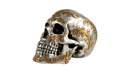 Ornate skull art with gold filigree offers unique gothic charm and macabre elegance, perfect for alternative fashion and edgy designs on merchandise