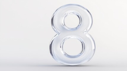 The number eight is presented in a clear, transparent form, showcasing its modern and simplistic design against a bright background