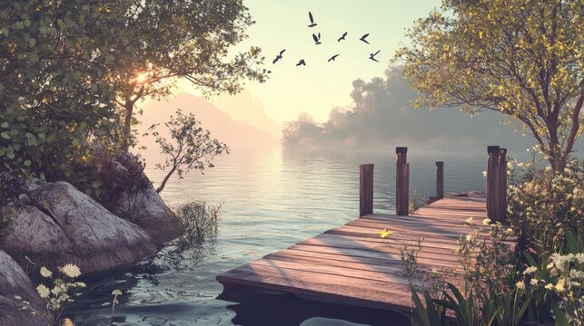 Tranquil landscape with birds flying over a lake at sunrise