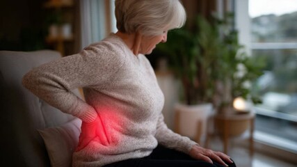 An elderly woman in an armchair experiences severe back pain, highlighted by a glowing red spinal column, symbolizing osteoporosis and aging.
