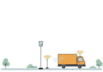 A stylized illustration depicts smart delivery with a truck and wireless signal towers. Modern, clean design for business and logistics visuals.