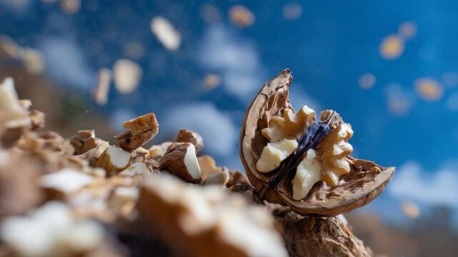 Dramatic close-up of a walnut shell cracking open with fragments airborne, revealing the nutmeat inside.