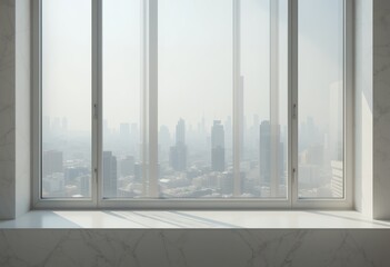 Hazy cityscape view through large modern window creating soft light and foggy atmosphere