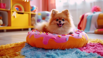 Small fluffy dog enjoys cozying up on a playful donut-shaped bed in a cheerful and vibrant playroom filled with toys and colorful decor