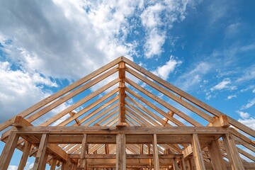 Stunning wooden house frame under a bright blue sky with fluffy white clouds, embodying new beginnings and construction dreams