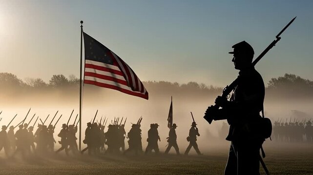 American Civil War soldiers march through misty battlefield, flag waves dramatically
