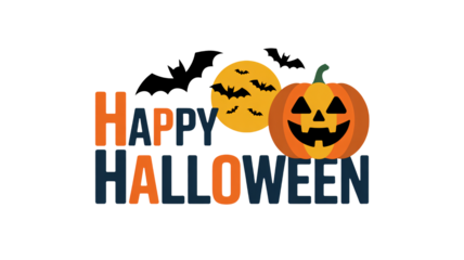 Spooky season is here with this vibrant Happy Halloween greeting featuring a cheerful pumpkin, bats, and a glowing moon, perfect for festive promotions