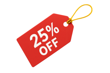 Red sale tag with yellow string showing twenty five percent off discount offer for shopping promotion marketing isolated on white background