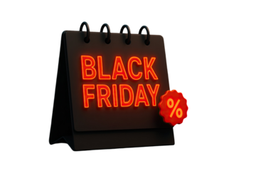 Black Friday sale calendar with glowing neon red text and discount percentage badge symbolizing shopping offers promotion isolated on white background