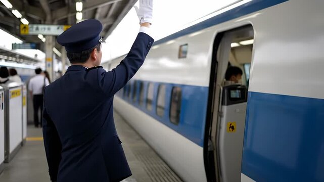 A man in uniform stands on the platform near a train, observing as the train prepares for departure. The train and the platform are busy with movement and activity.