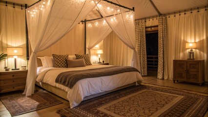 Luxury Glamping Tent Interior with Canopy Bed and String Lights
Romantic Elegant Bedroom Setting with Warm Night Lighting
Intimate Hotel Suite Interior Design for Honeymoon or Vacation