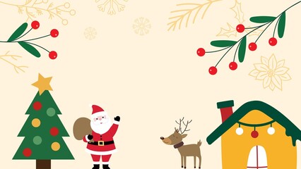 Christmas greeting card cartoon illustration with deer, Santa Claus, fir tree, house and decoration icons for winter holiday celebration.