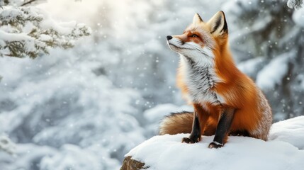 Obraz premium Red fox in a snowy forest gazing into winter sky