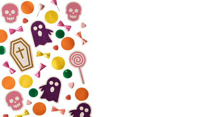 Fototapeta premium Spooky Halloween fun with glittery ghosts, skulls, and candy galore, perfect for party invites and festive designs this autumn season