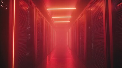 Red Lit Data Center Hallway with Futuristic Tech Elements