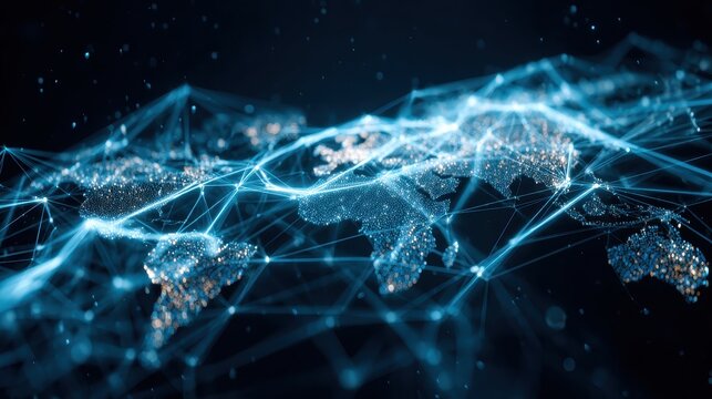 World map with interconnected networks depicting data analysis