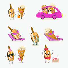 Tasty ice creams, ice-cream cones and popsicle, funny characters, hand drawn vector illustration.