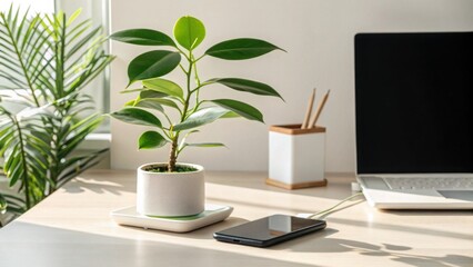 Fototapeta premium Modern Wireless Charging Dock Beside Plant on Minimalist Workspace