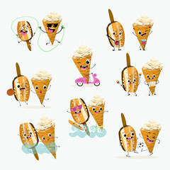 Tasty ice creams, ice-cream cones and popsicle, funny characters, hand drawn vector illustration.