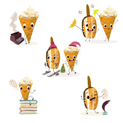Tasty ice creams, ice-cream cones and popsicle, funny characters, hand drawn vector illustration.