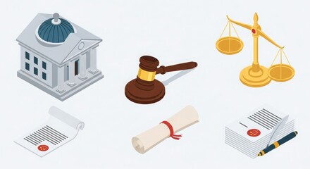 Isometric law justice legal court gavel scale document building pen illustration concept vector