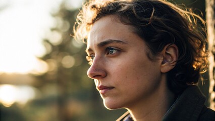 Serious Expression of Female Face at Golden Hour, Thoughtful Emotion
Natural Light Beauty Close-Up, Woman with Curly Hair and Bokeh Background
Artistic and Cinematic Female Portrait
