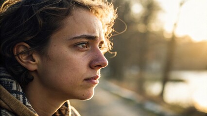 Serious Expression of Female Face at Golden Hour, Thoughtful Emotion
Natural Light Beauty Close-Up, Woman with Curly Hair and Bokeh Background
Artistic and Cinematic Female Portrait