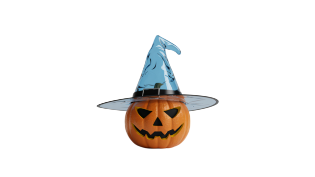Spooky Halloween jack-o'-lantern wearing a wizard hat, ready for a magical night of trick-or-treating and festive autumn celebrations