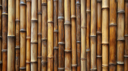 Fototapeta premium Wall made of natural bamboo stems arranged in vertical alignment, symbolizing strength, sustainability, resilience, harmony with nature, and eco-friendly design.