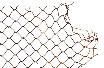 The texture of the metal mesh on a white background. Torn steel, metal mesh with holes