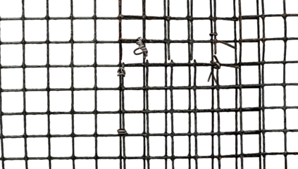 The texture of the metal mesh on a white background. Torn steel, metal mesh with holes