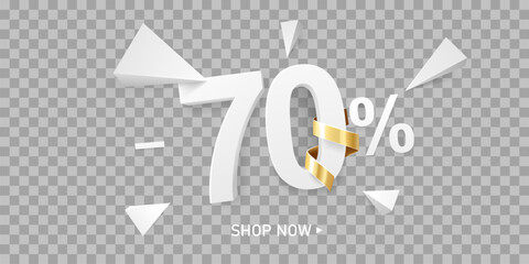 70 Percent off discount sale background. White 3D number with percent sign and golden ribbon, isolated on transparent background.