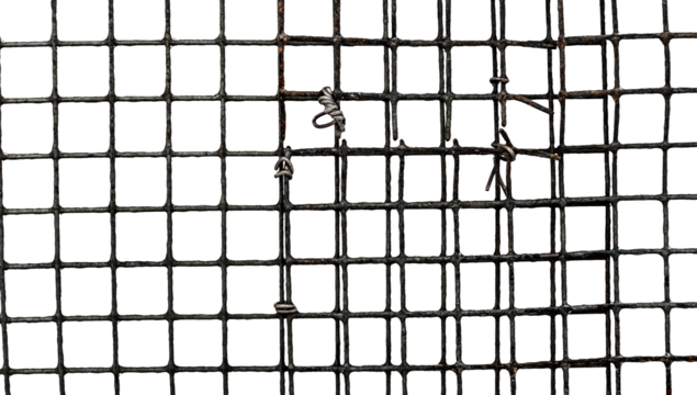 The texture of the metal mesh on a white background. Torn steel, metal mesh with holes