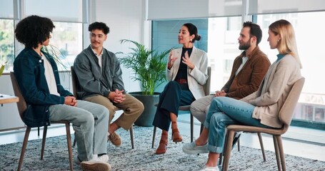 Consulting, counseling and group therapy with people in office together for advice, growth or healing. Accountability, meeting and support with man speaking to therapist in session for psychology