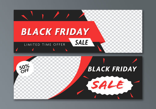 Black Friday Sale Banner or Header Set with Special Offer and Image Placeholder.