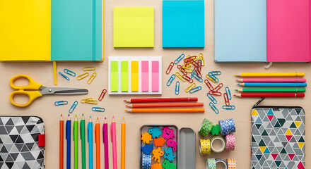 Overhead shot of colorful stationery items arranged neatly on a light brown wooden desk, including notebooks, sticky notes, pencils, pens, scissors, paper clips, washi tape, and pencil cases, creating