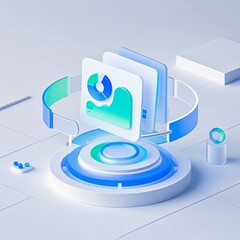 A three-dimensional chart data icon with a gradient from blue to green, frosted transparent.
