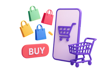 3D illustration of mobile shopping cart with colorful bags buy button digital commerce online marketplace concept isolated on white background
