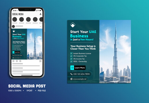 Professional Social Media Post to Start Your UAE Business Quickly with Burj Khalifa Skyline.