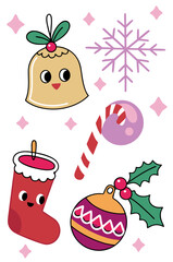 Delightful Christmas Holiday Decor Vector Set: Cute Bell, Sock, Snowflake, and Ornament