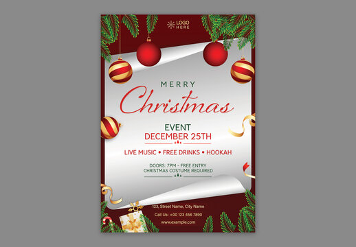 Merry Christmas Party Flyer Template Editable with Festive Elements in Red and White Color Design.