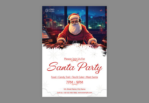 Editable Christmas Party Flyer with DJ Santa Claus at Sound Mixer in City Night Scene.
