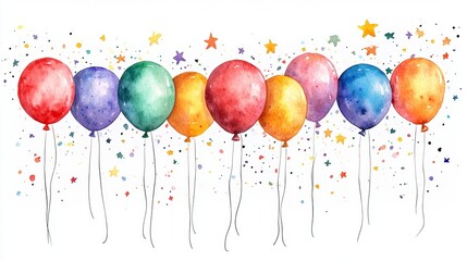 Celebratory Watercolor Balloons with Confetti and Stars on White Background for Birthday, Anniversary, or Party Decoration Design.