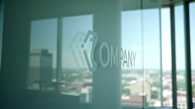 Company Logo Etched on Clear Glass Office Door with Blurred Cityscape Background Modern Professional Business Headquarters High Rise Building View