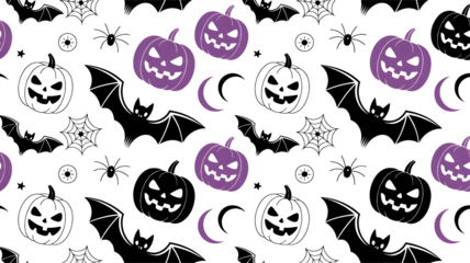 Spooky season's delight with playful purple pumpkins, bats, and webs Halloween pattern, perfect for festive crafts and eerie celebrations, fun design