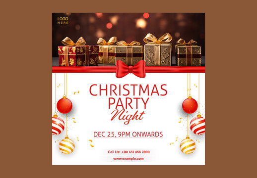 Christmas Night Party Invitation Tied with Red Bow Ribbon and Gifts for Holiday Celebration.
