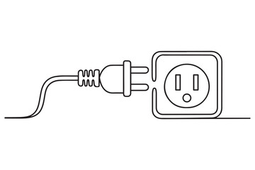 Obraz premium Continuous one line drawing of plug inserting into electric outlet. Power socket energy disconnects in simple linear style. one line Icon drawing with white background
