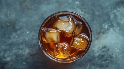 Overhead Shot of a Refreshing Iced Tea Drink with Ice Cubes in a Glass on a Textured Surface, Summer Beverage Still Life.