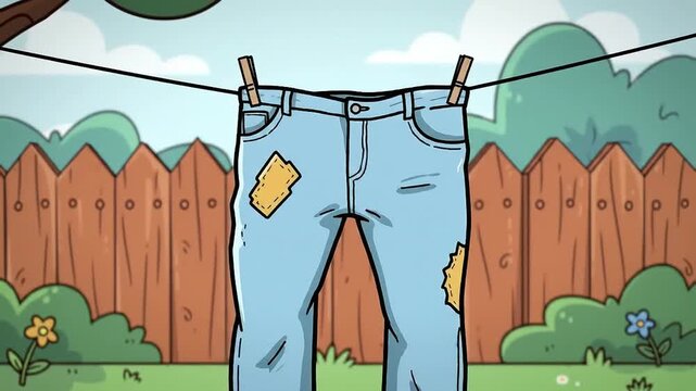 Whimsical cartoon animation shows light blue patched jeans drying on a clothesline in a sunny backyard scene with a wooden fence and green bushes